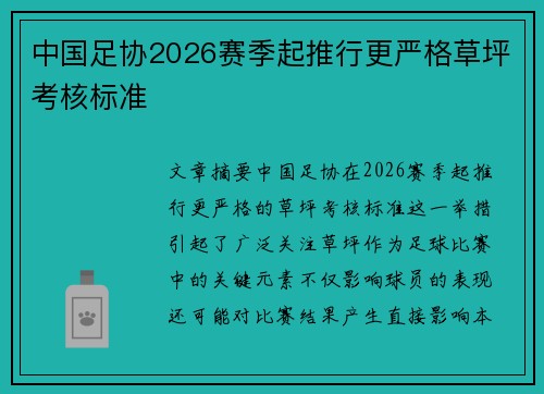 中国足协2026赛季起推行更严格草坪考核标准 中国足协2026赛季起推行更严格草坪考核标准