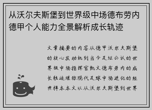从沃尔夫斯堡到世界级中场德布劳内德甲个人能力全景解析成长轨迹 从沃尔夫斯堡到世界级中场德布劳内德甲个人能力全景解析成长轨迹